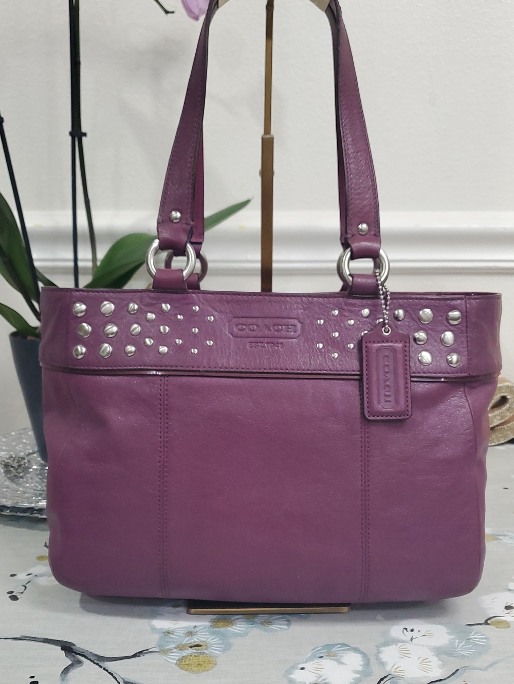 Coach Ashley Purple Leather Studded Shoulder Bag